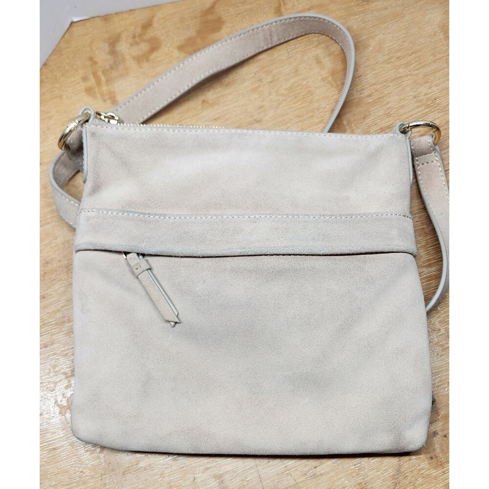 Mark & Graham Beige Soft Suede Leather Zipper Crossbody Purse Bag Clean Interior